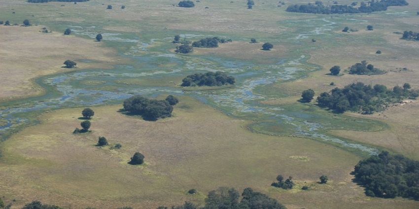 An aerial picture of Okavango Delta, one of the best places to visit in Africa in September