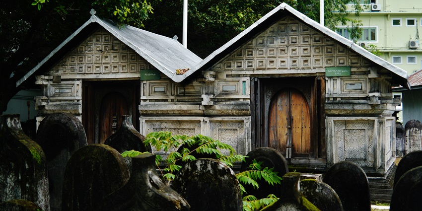 A view of Old Friday Mosque, Male Island, showcasing intricate coral stone carvings.