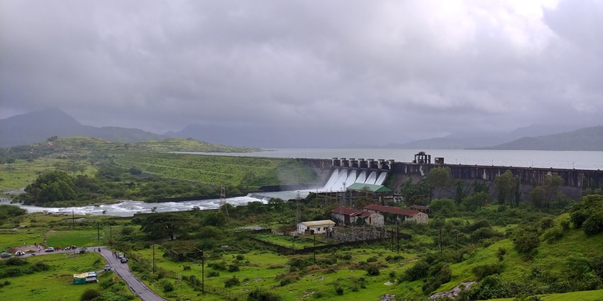 Panwa lake dam reservoir with a large water body in the back