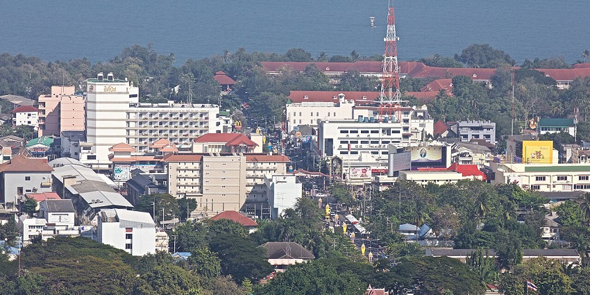 view of Hua Hin, capturing urban and coastal elements from a panoramic angle.
