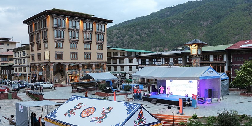 View of a cultural event happening at the clock tower square in Thimphu