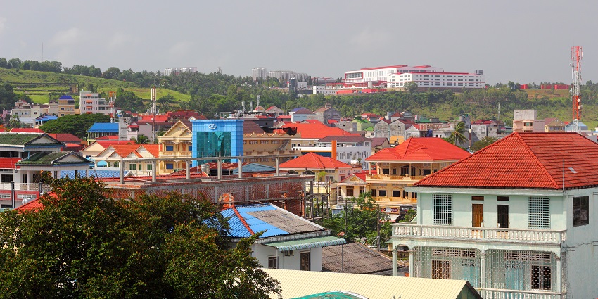 An image of a view of Sihanoukville, Cambodia, with buildings and roads across the city.