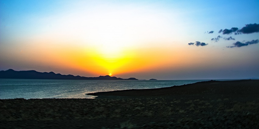 This spectacle sunset was observed just before the sun fell behind rugged lakeshores