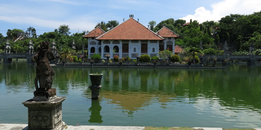 Serene view of the peaceful pathways of Taman Ujung Water Palace.