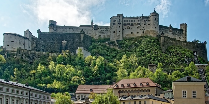 A view of Salzburg, Austria, with Hohensalzburg Fortress, baroque buildings, and the Salzach River