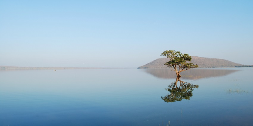 A picture presenting Pakhal Lake while it is enveloped by dense forests and hills