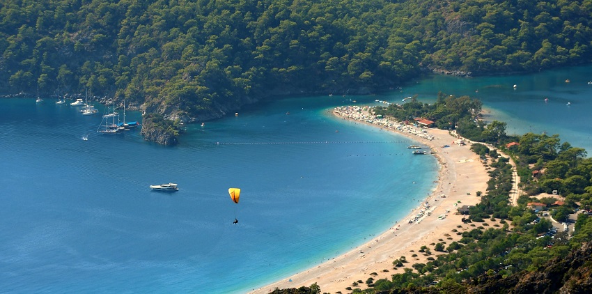 An image of paragliding over Ölüdeniz Beach in Turkey, showcasing Things To Do in Fethiye.