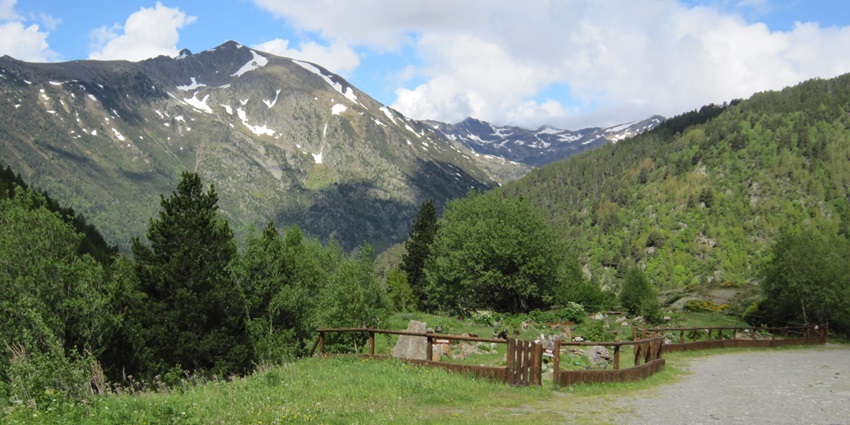 A scenic view of Sorteny Valley Natural Park, featuring lush green meadows and mountains.