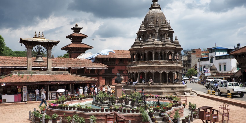 Patan Durbar Square near Garden of Dreams in Nepal with traditional Newar architecture.