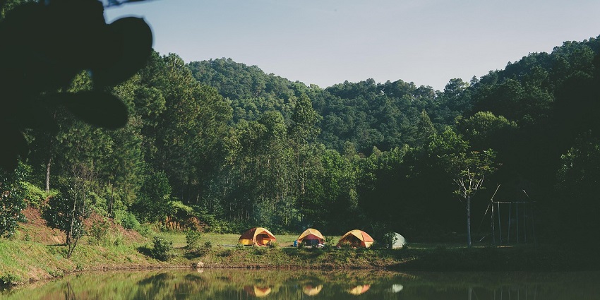 Distant view of tents in Periyar National Park, one of the places for jungle camping in India