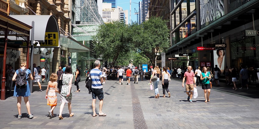 Pitt Street Mall, with shoppers and "ZARA," "NINE WEST," stores, one of the best shopping in Sydney.