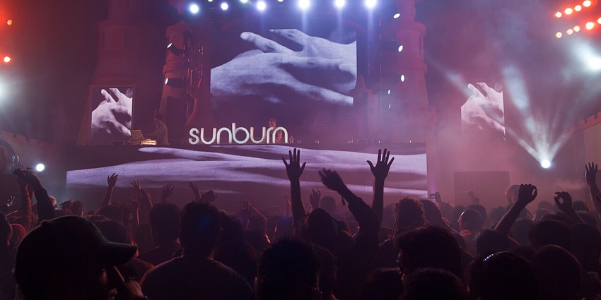 An image of the stage of Sunburn Trance Music Festival in , featuring artists like Axwell