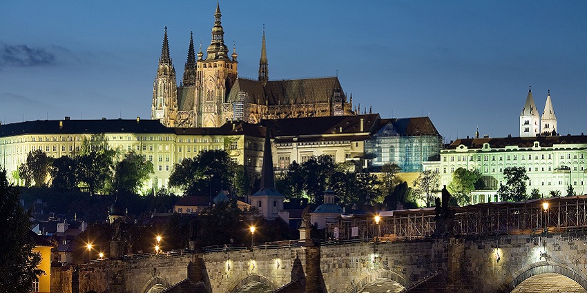 A night view of Prague Fort, one of the world’s biggest forts, located near Charles Bridge