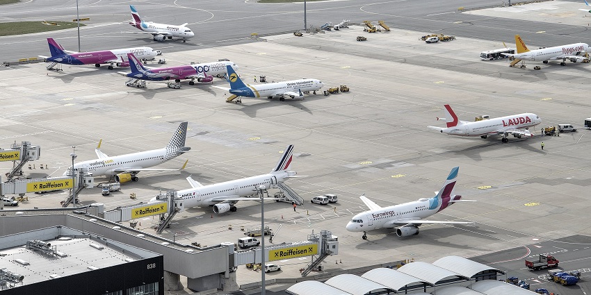 A panoramic view of the aeroplanes at the Prievidza Airport in Slovakia.