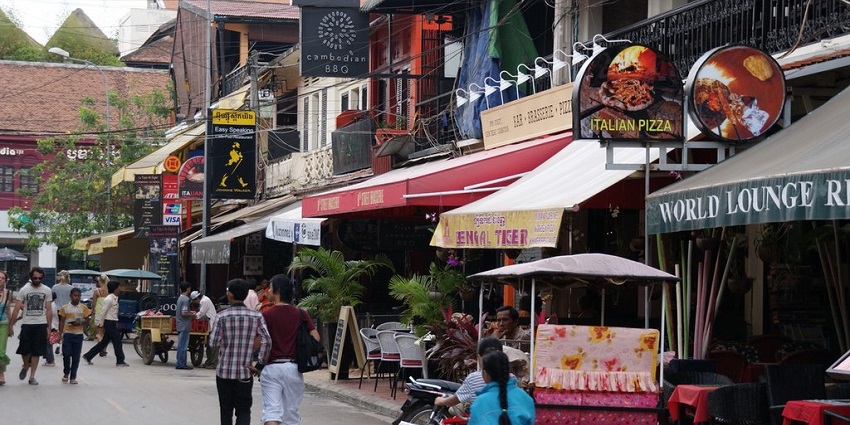 A view of the bustling Pub Street, a major tourist attraction in the region of Cambodia.