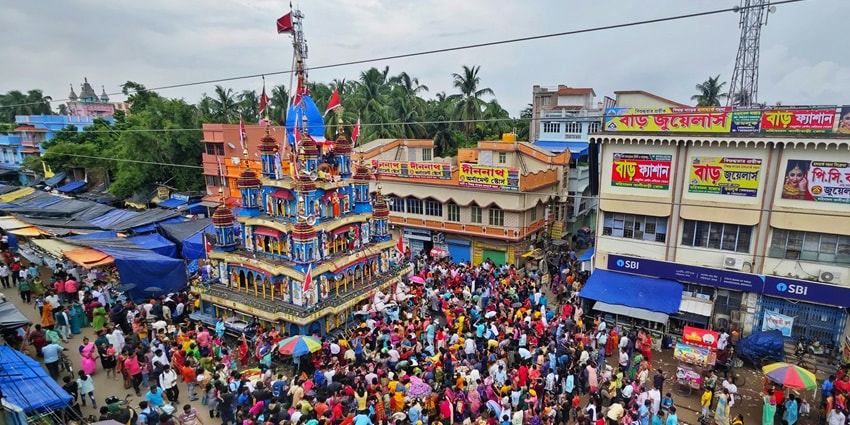 An image of the Rath Yatra celebration with massive chariots, one of the festivals in June in India.