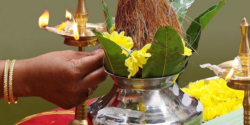 An image of a decorated kolam, temple visit, and festive meal for Tamil New Year, Puthandu.