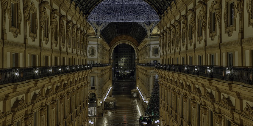 The grand interiors of Galleria Vittorio Emanuele II decorated during Christmas, one of the places to visit in Milan.