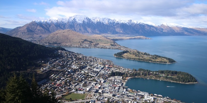 An image of Queenstown in New Zealand as seen from the top of the Skyline gondola.