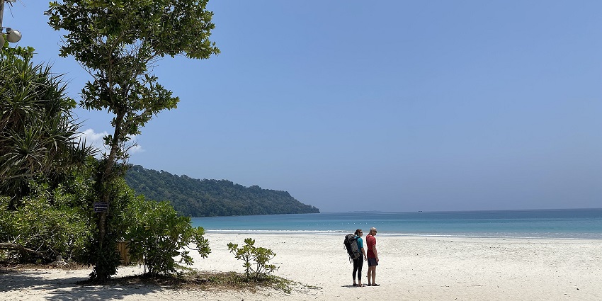 A pristine beach in the Andaman Islands, famed for its soft white sand and blue waters.
