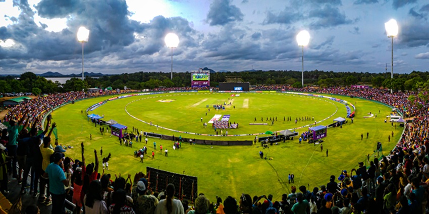 A view of Rangiri Dambulla International Stadium with a well-maintained cricket field.