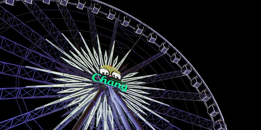 A picture of the Asiatique Sky Ferris Wheel towering over the night market.