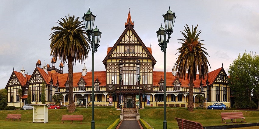 A building of the Rotorua Museum, with intricate architecture, a place to visit in Rotorua