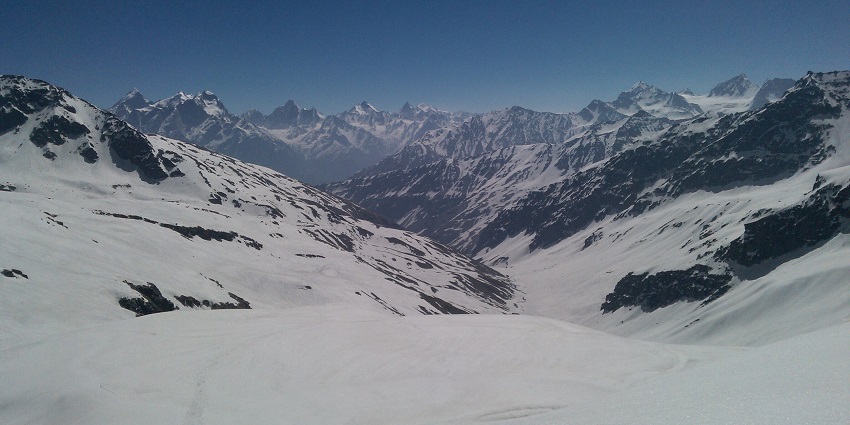Rupin Pass with a view towards Sangla Valley, one of the popular trekking places in June.