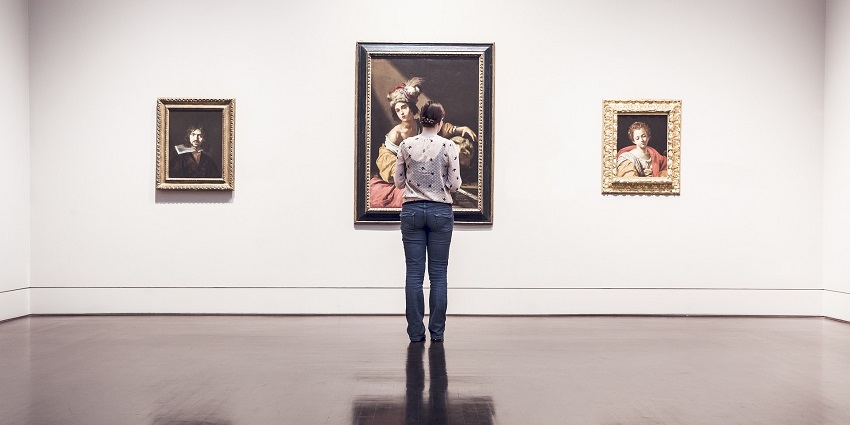 An image showing an art exhibition in a gallery space, resembling displays in the Saga Visual Arts Museum