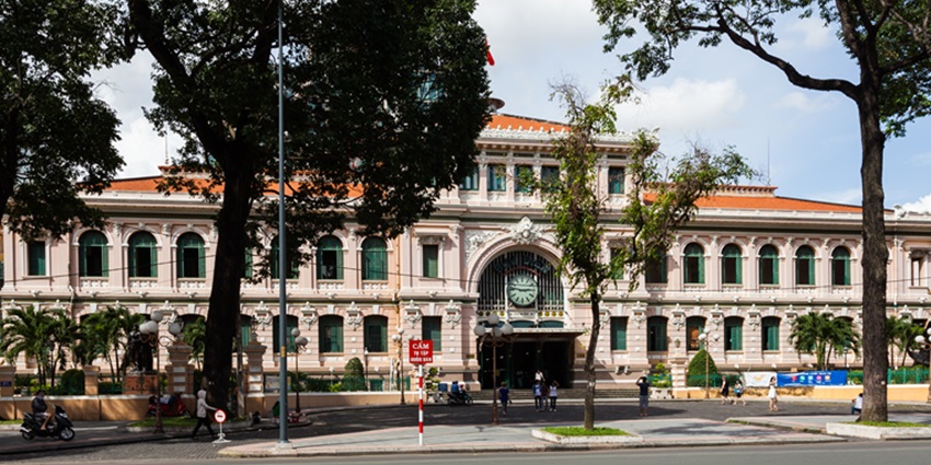 Central Post Office in Ho Chi Minh City, Vietnam, offering its French colonial architecture.