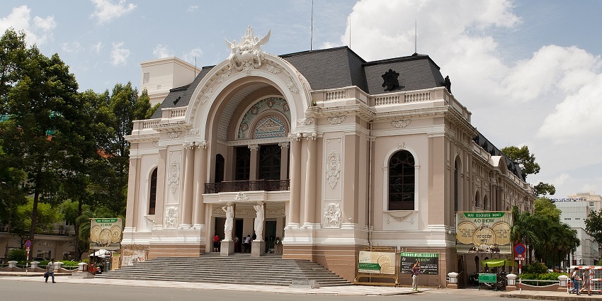 An image showing the Saigon Opera House, a place to visit in Ho Chi Minh City at night.