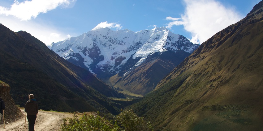 Snow-covered Salkantay Mountain has a trekking path, a great spot for trekking in July.