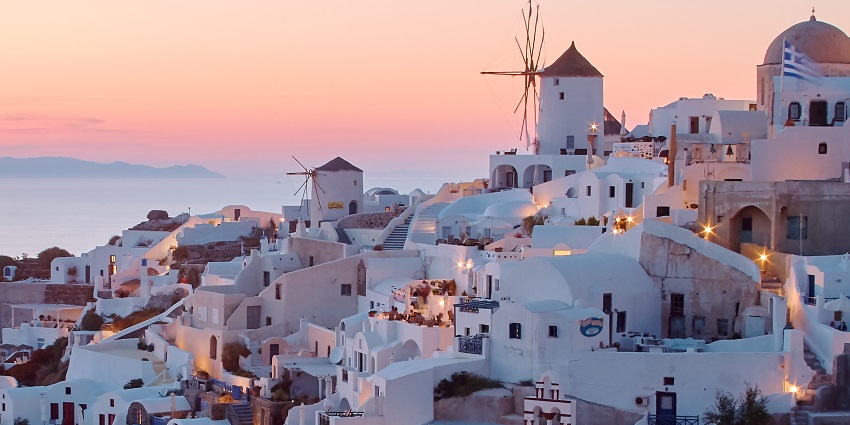 A view of the city of Santorini in Greece, which is a romantic place for Valentine's Day