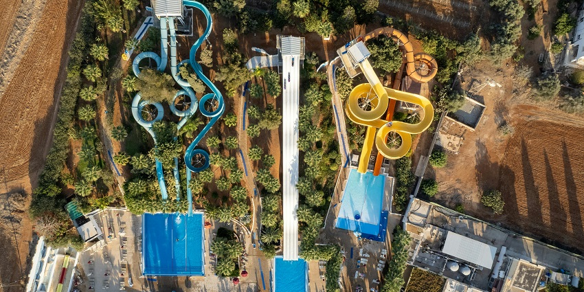 An aerial view of the swimming pools at Savin Kingdom Water Park in West Bengal.