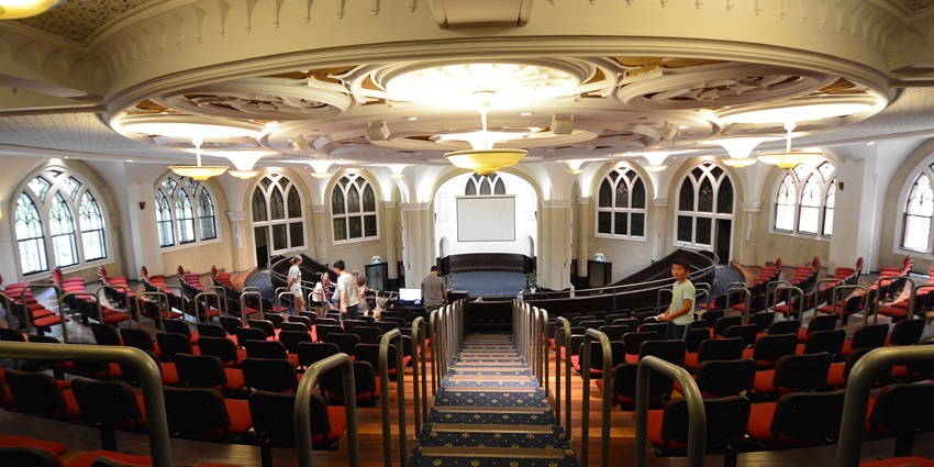 Scots Presbyterian Church interior with a unique top view, showcasing architecture and few visitors
