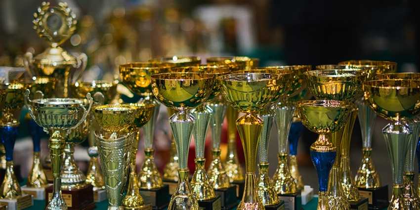 Close up view of the trophies inside the museum reflecting upon his accomplishments