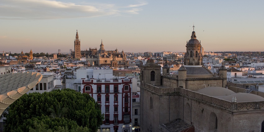View of the cityscapes of Seville, one of the spots for skydiving in Europe