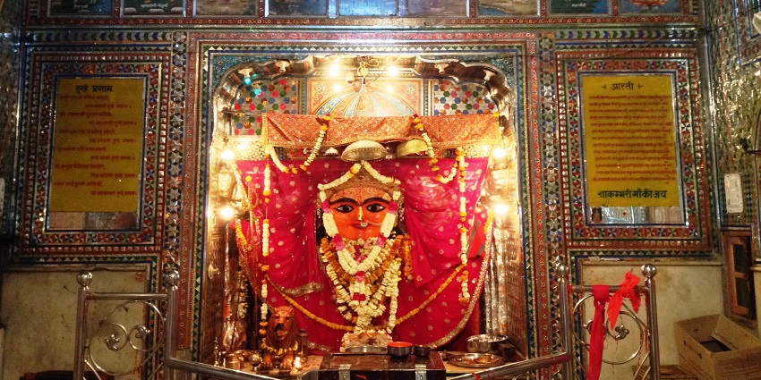 An image of Goddess Shakambari decorated in flowers during the time of Shakambari Jayanti.