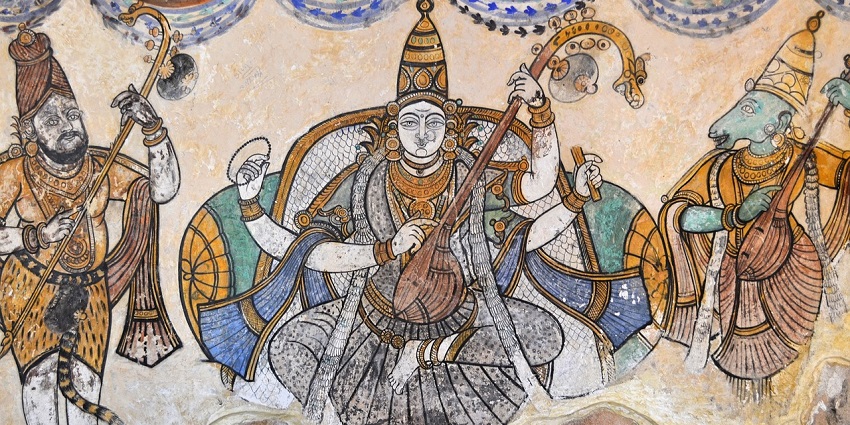 An image of a wall painting in Shani Mandir Temple, one of the famous temples in Nandgaon.