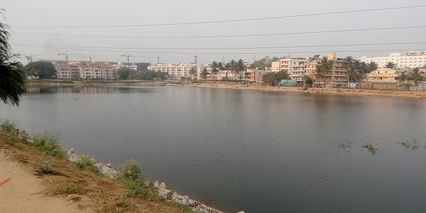 Lake with a large water body, a small island in the middle and distant buildings.