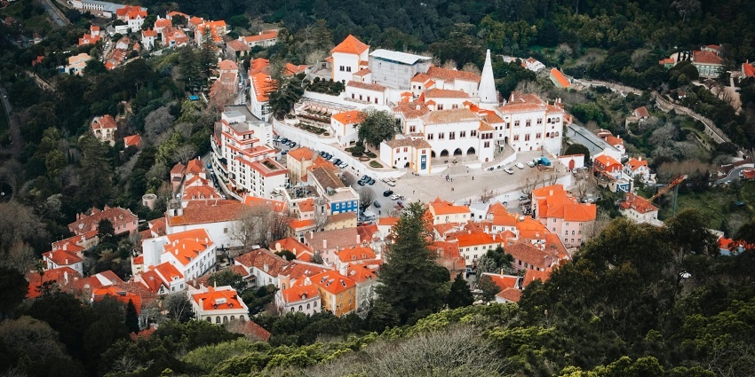 Bird’s eye view from a Hill Overlooking the Sintra National Palace in Sintra, Portugal