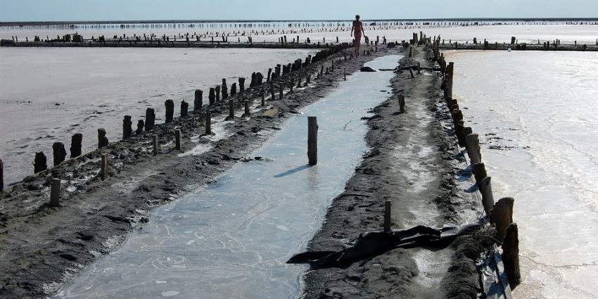 Syvash Lake, one of the saltiest lakes in the world, with shallow pink waters and salt flats