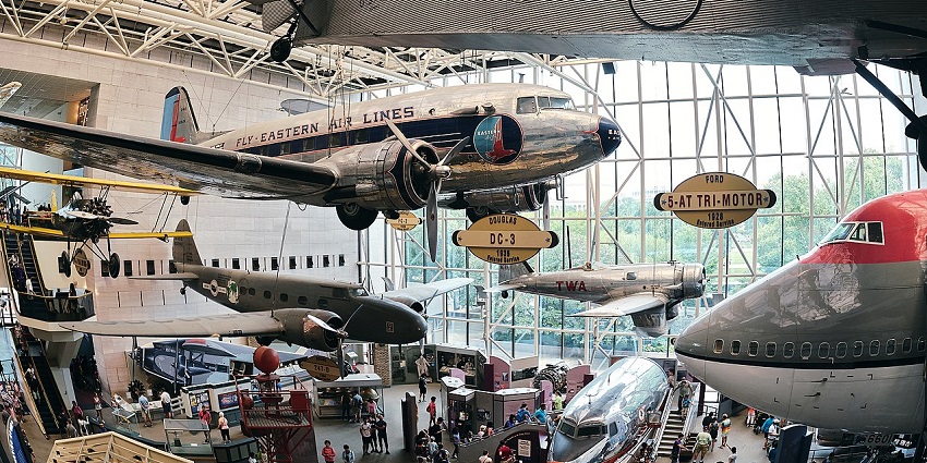 See world-famous aircraft like the Wright Flyer and Apollo 11 Command Module.