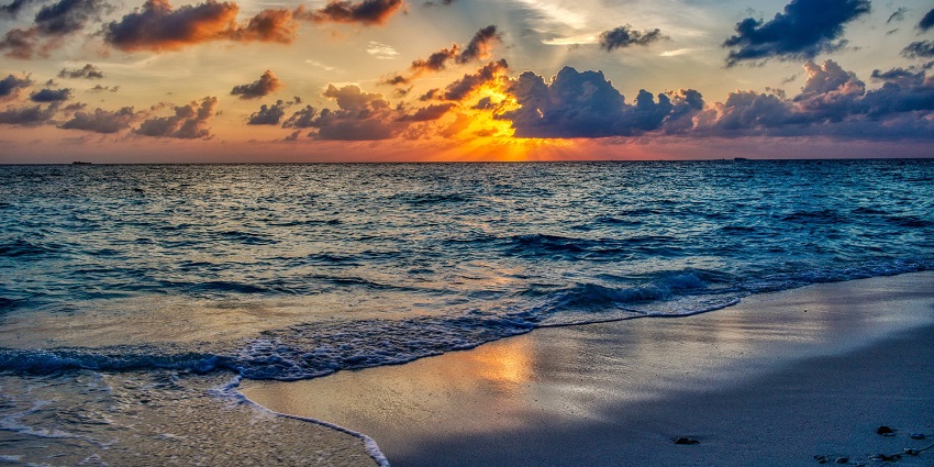 Waves are crashing on a tropical beach at sunset as the golden sky reflects on the water