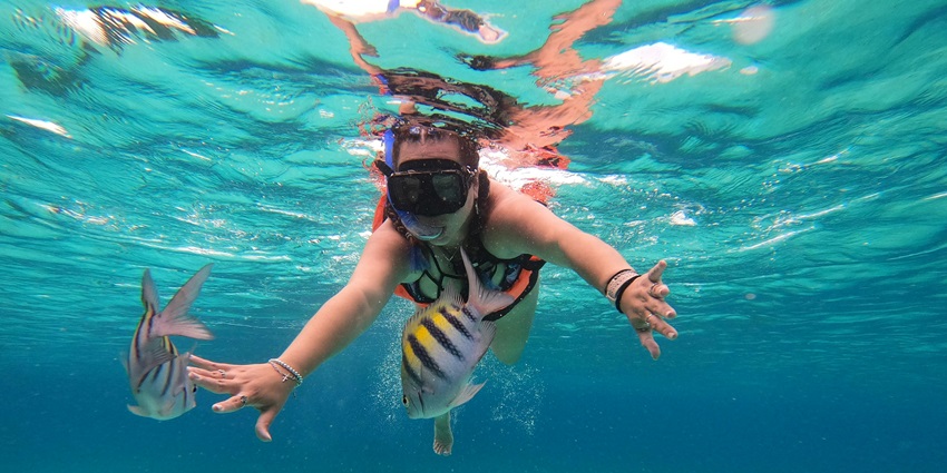 Woman snorkeling underwater in clear blue ocean, reaching out toward striped tropical fish