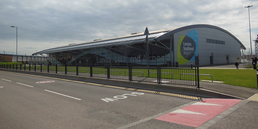 Southend Airport’s modern terminal building showcases glass facades and walkways.