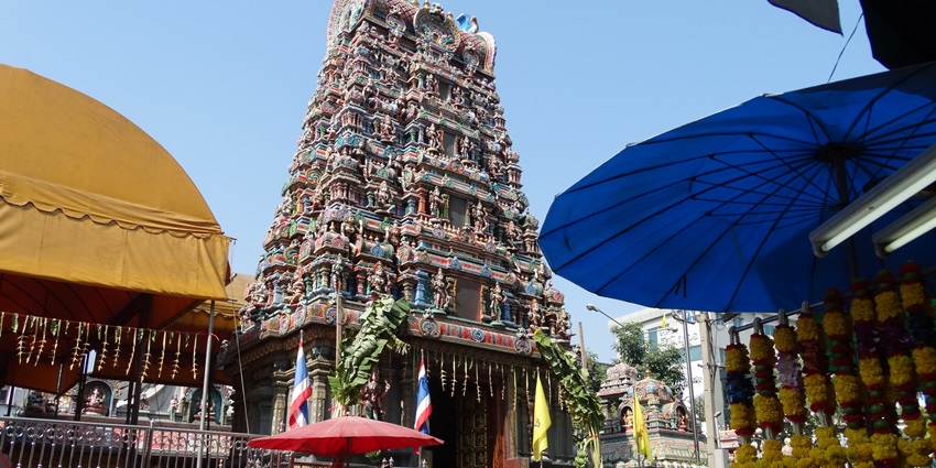 A picture of Sri Maha Mariamman Temple, Bangkok, with its vibrant and detailed carvings.