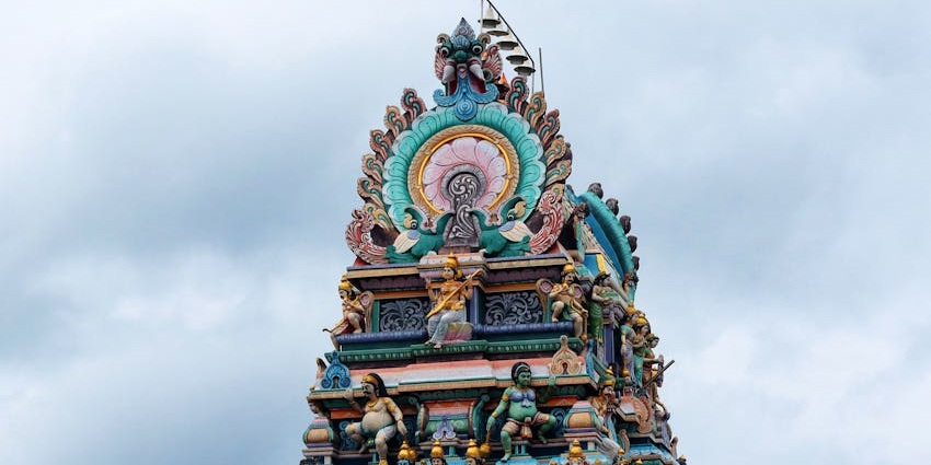 A view of the colourful gopuram with adorning design at Sri Maran Temple in Malaysia.