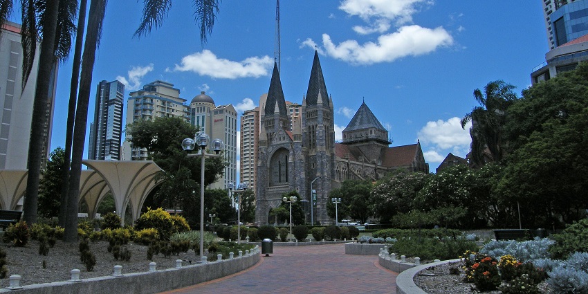 St. John’s Anglican Cathedral, one of the churches in Australia, with pointed arches and detailed Gothic stonework.