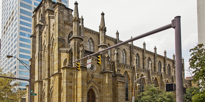 A stunning view of St. Joseph's Cathedral showcasing its Gothic architecture